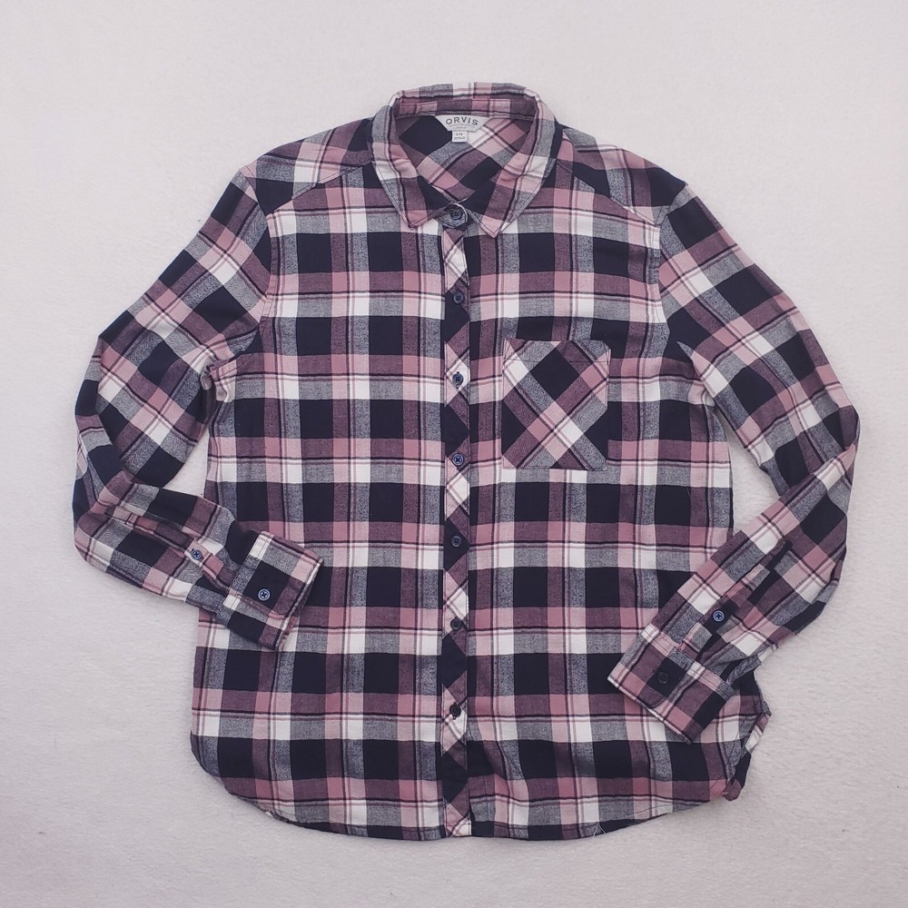 Orvis Shirt Womens Large Blue Pink Flannel Plaid Tartan Lightweight Camp Cabin